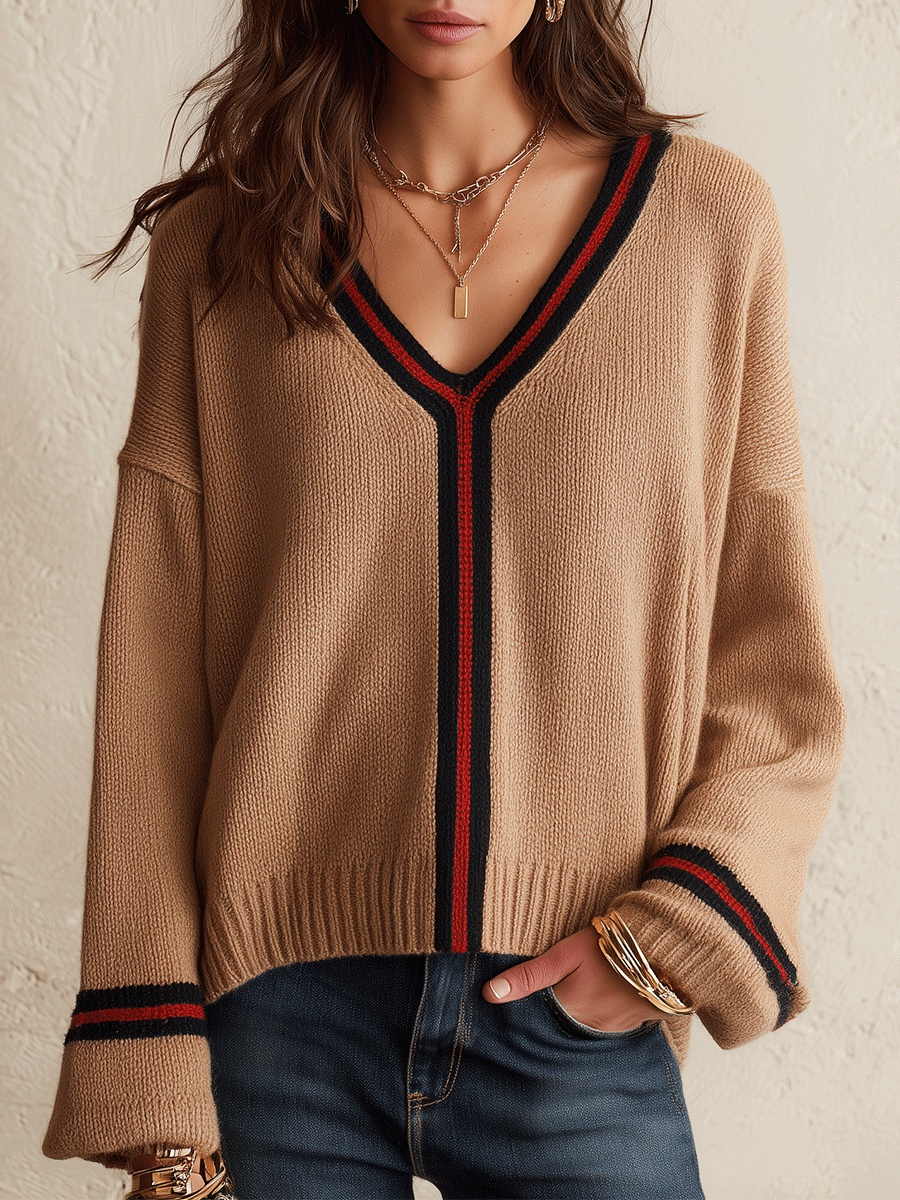 Quiet Luxury Soft Knit Relaxed-Fit Camel Contrast Trim Sweater