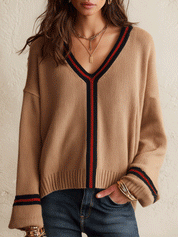 Quiet Luxury Soft Knit Relaxed-Fit Camel Contrast Trim Sweater