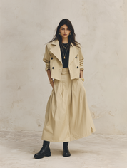 Effortless Washed Cotton Loose-Fit Camel Cropped Trench Coat