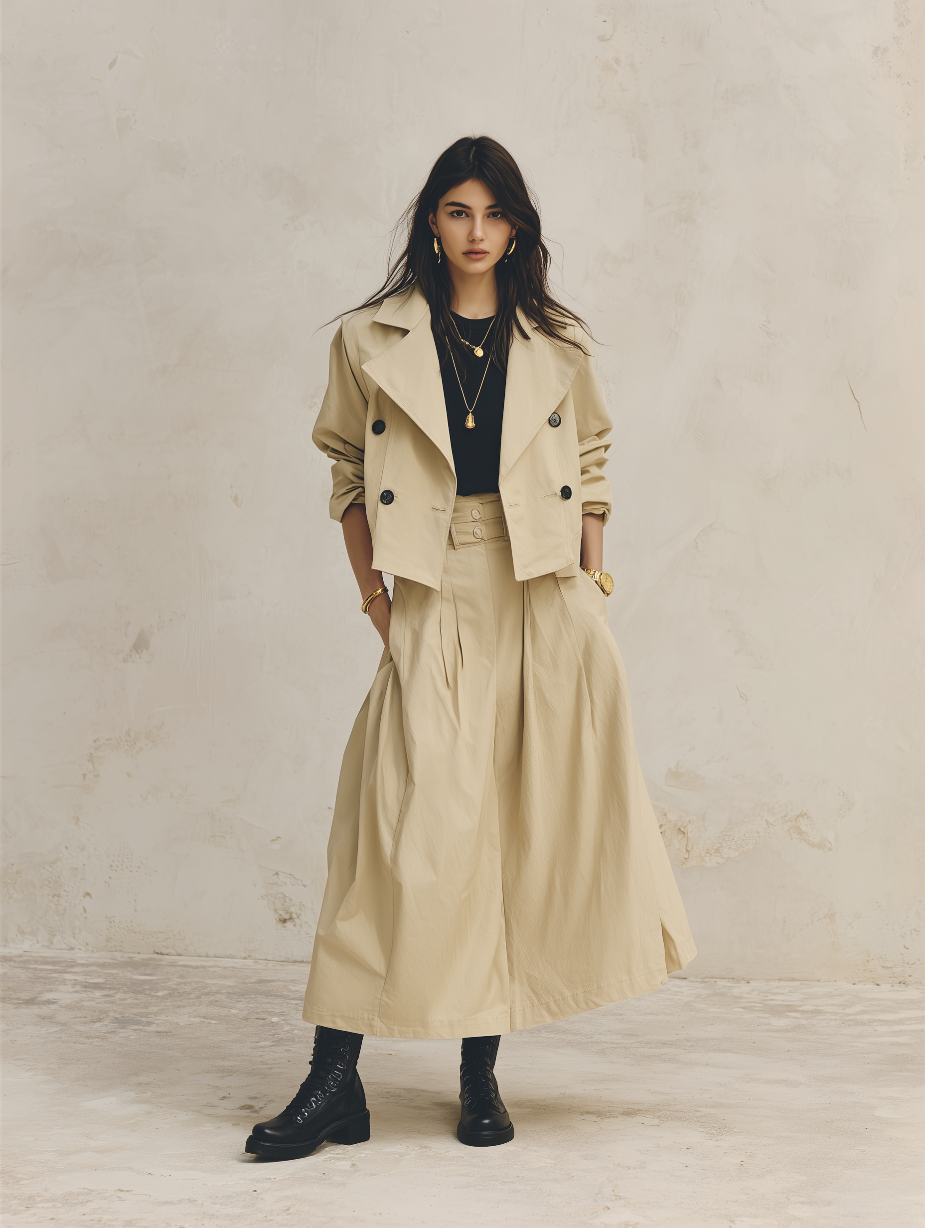 Effortless Washed Cotton Loose-Fit Camel Cropped Trench Coat