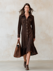Vintage Chic Denim-Twill Frayed Brown Midi Shirt Dress