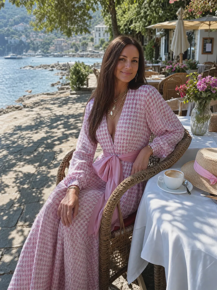 Romantic Pink Printed V Tie-Waist Maxi Dress