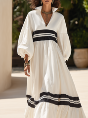 Coastal White Cotton Contrast Stripe Puff Sleeve Maxi Dress