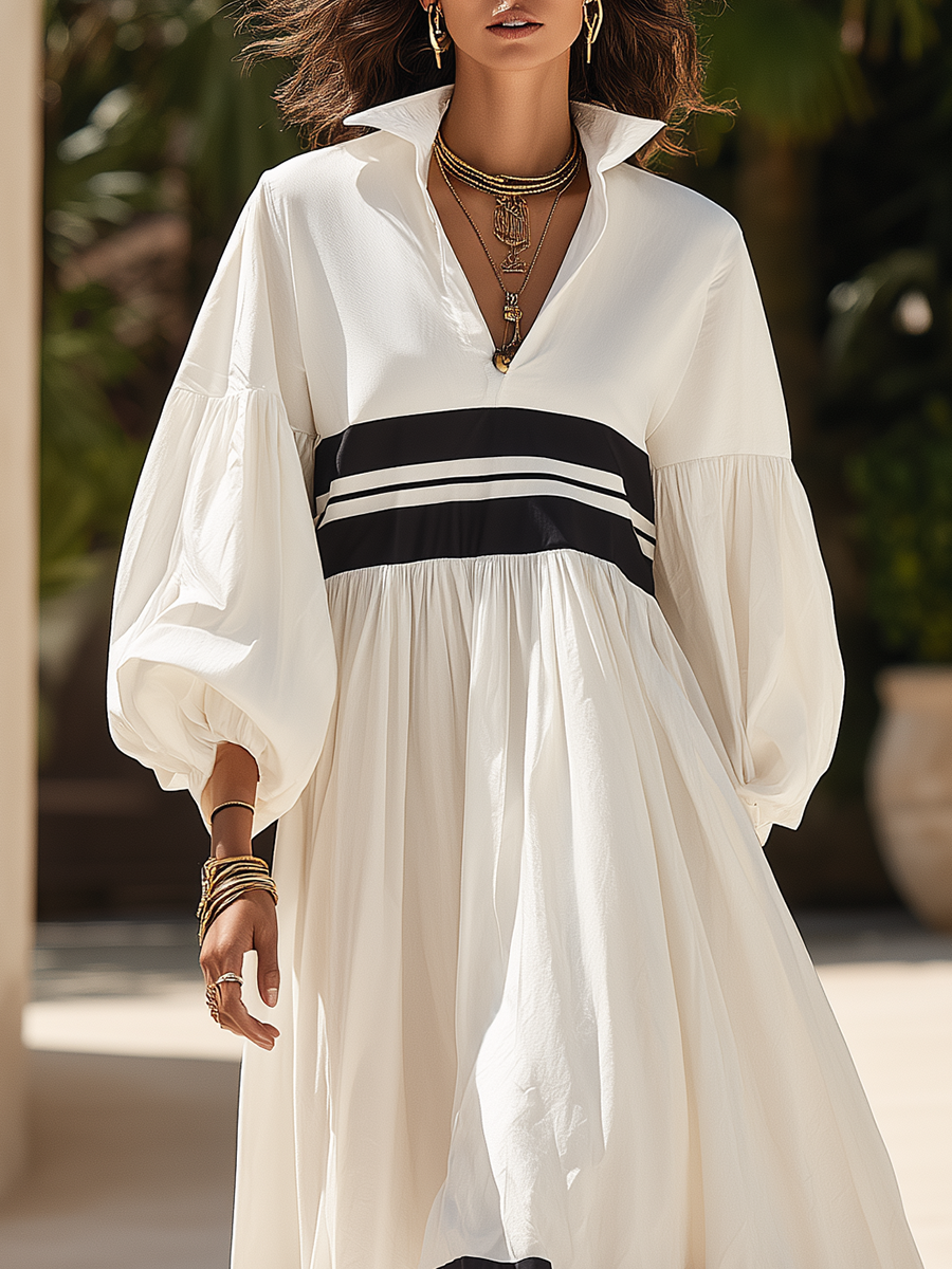 Coastal White Cotton Contrast Stripe Puff Sleeve Maxi Dress