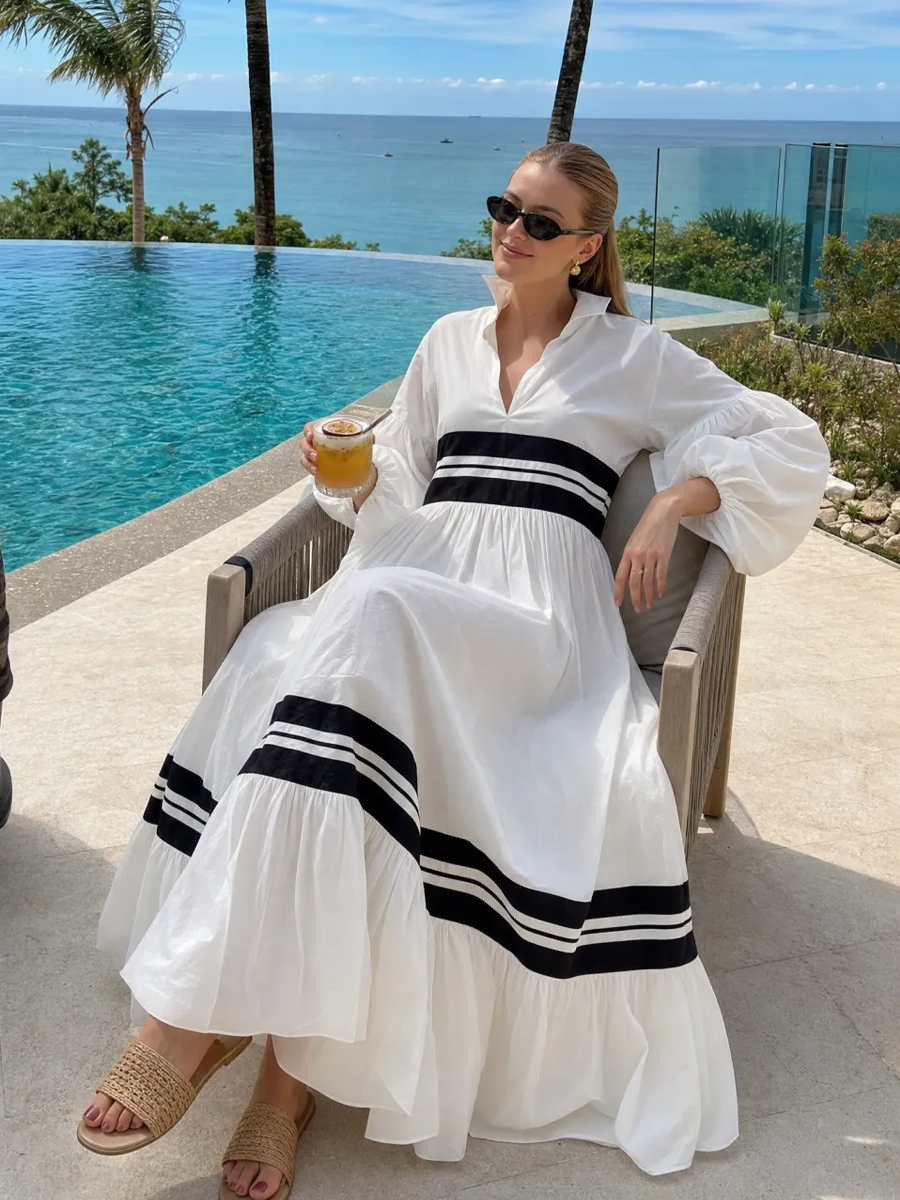 Coastal White Cotton Contrast Stripe Puff Sleeve Maxi Dress