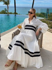 Coastal White Cotton Contrast Stripe Puff Sleeve Maxi Dress