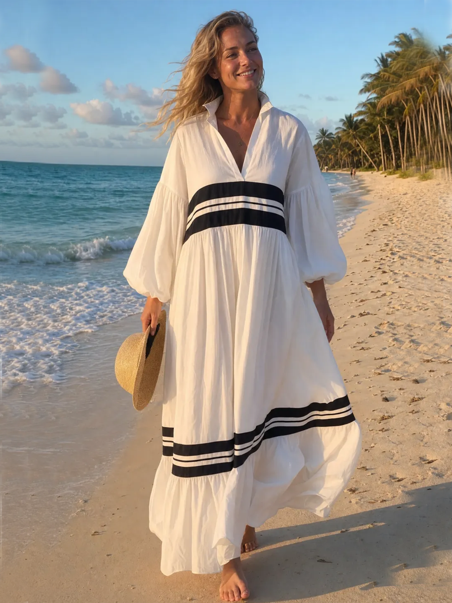 Coastal White Cotton Contrast Stripe Puff Sleeve Maxi Dress
