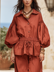 Relaxed Terracotta Cotton Drawstring Waist Balloon-Pant Set
