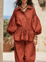 Relaxed Terracotta Cotton Drawstring Waist Balloon-Pant Set