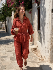 Relaxed Terracotta Cotton Drawstring Waist Balloon-Pant Set