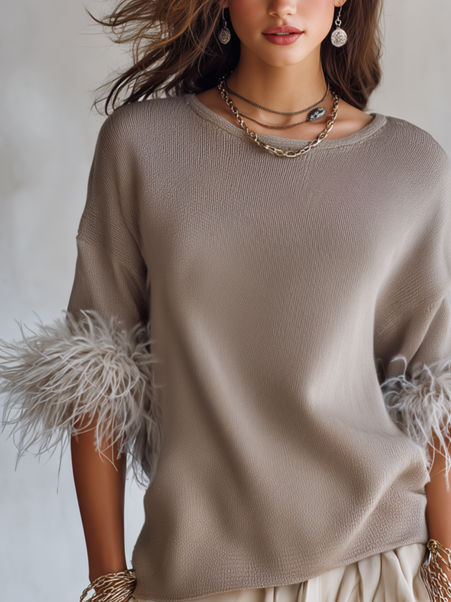 Elegant Taupe Knit Feather Cuff Relaxed Top