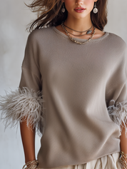 Elegant Taupe Knit Feather Cuff Relaxed Top