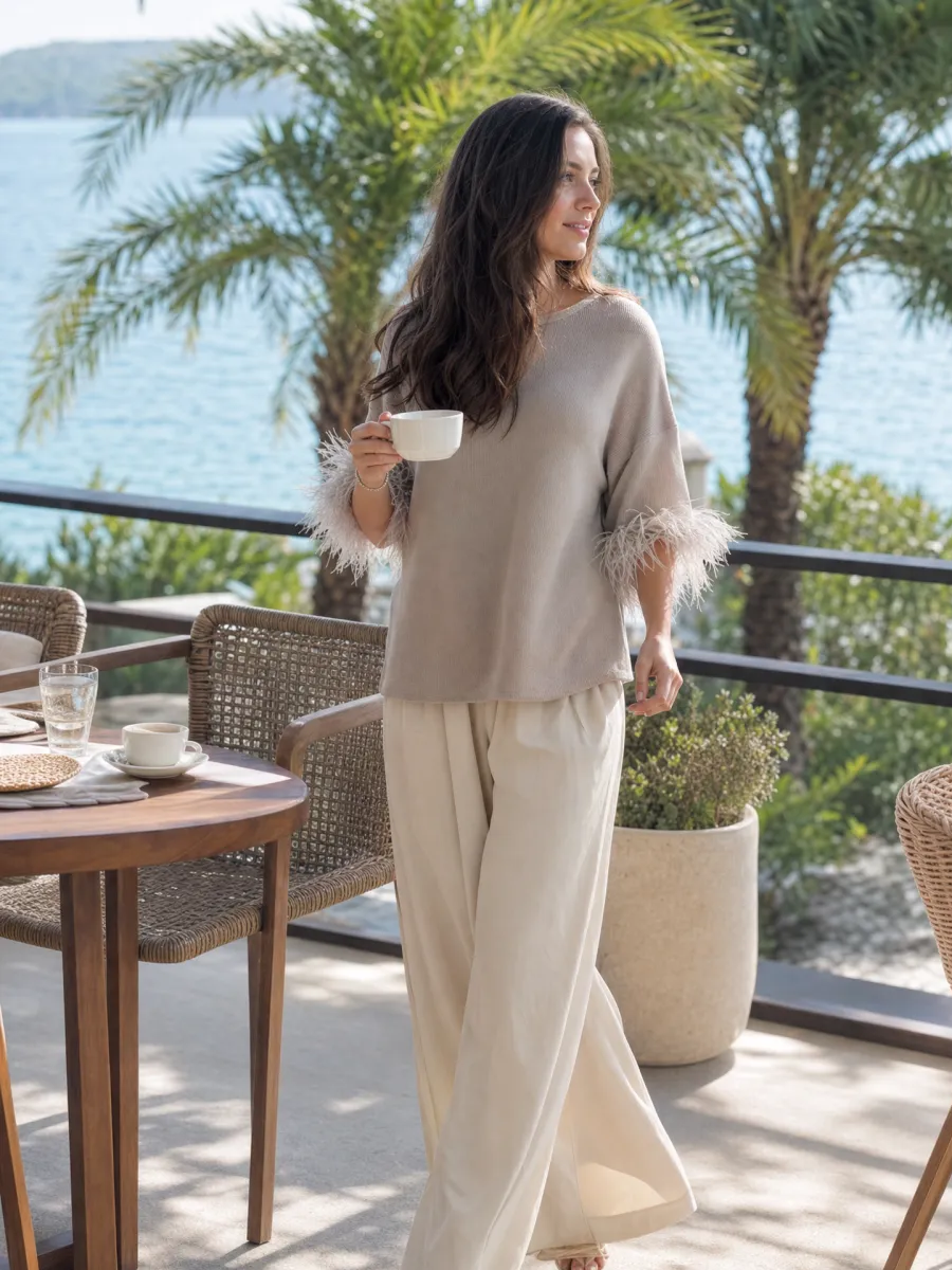 Elegant Taupe Knit Feather Cuff Relaxed Top