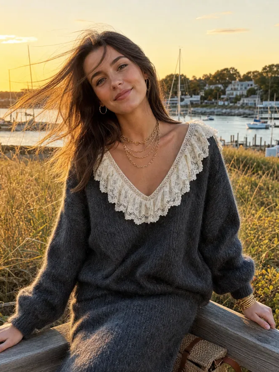 Romantic Charcoal Knit Lace-Trim V-Neck Sweater