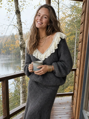 Romantic Charcoal Knit Lace-Trim V-Neck Sweater