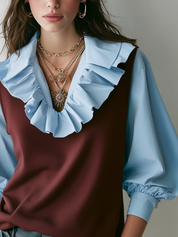 Vintage Burgundy Knit Vest And Blue Ruffled Shirt