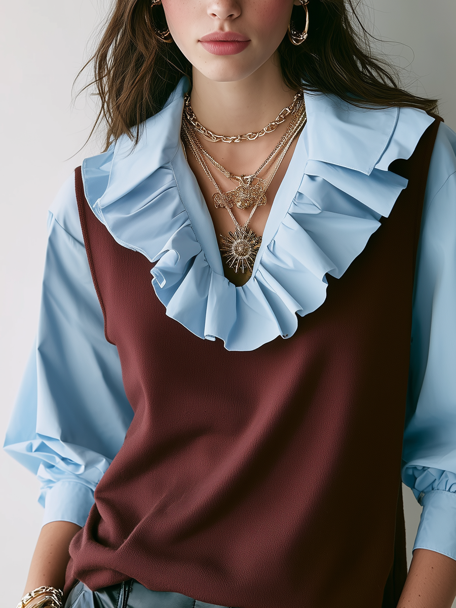 Vintage Burgundy Knit Vest And Blue Ruffled Shirt