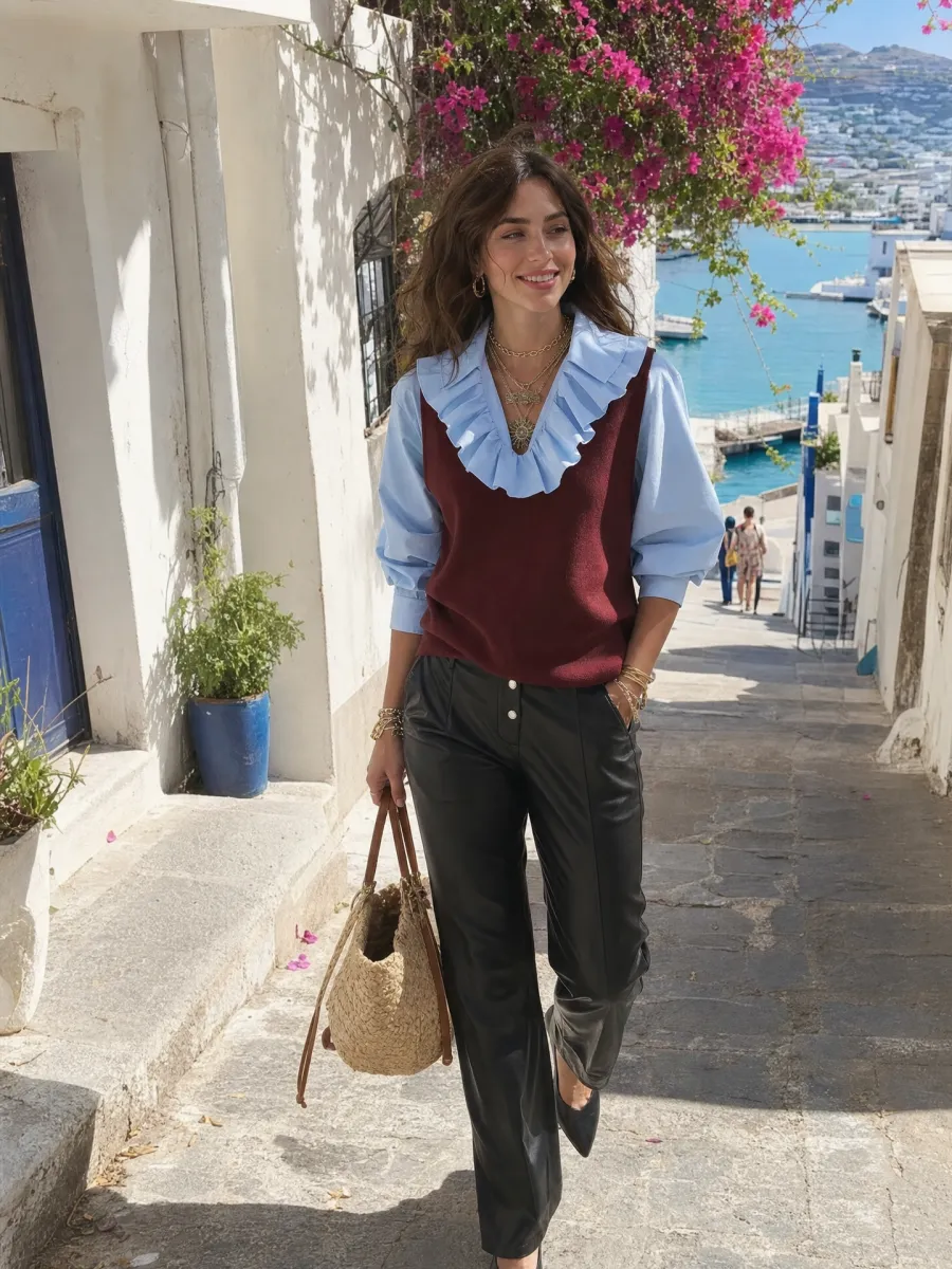 Vintage Burgundy Knit Vest And Blue Ruffled Shirt