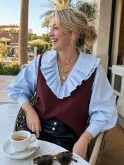 Vintage Burgundy Knit Vest And Blue Ruffled Shirt