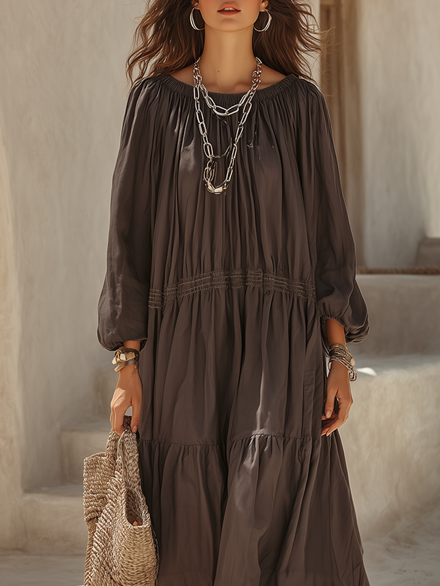 Casual Charcoal Gray Cotton And Linen Layered Long Dress