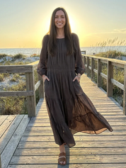 Casual Charcoal Gray Cotton And Linen Layered Long Dress