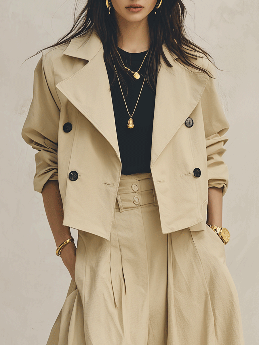 Effortless Washed Cotton Loose-Fit Camel Cropped Trench Coat