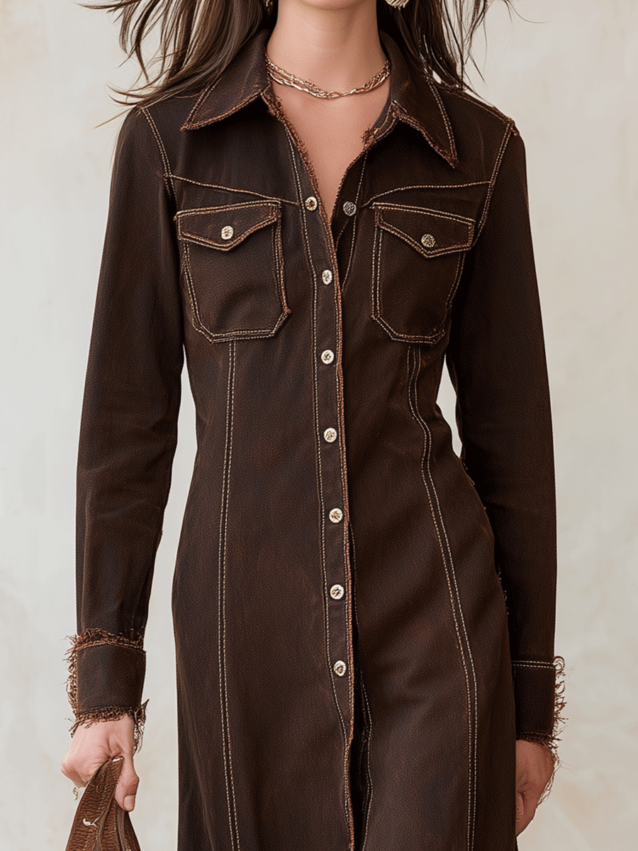 Vintage Chic Denim-Twill Frayed Brown Midi Shirt Dress
