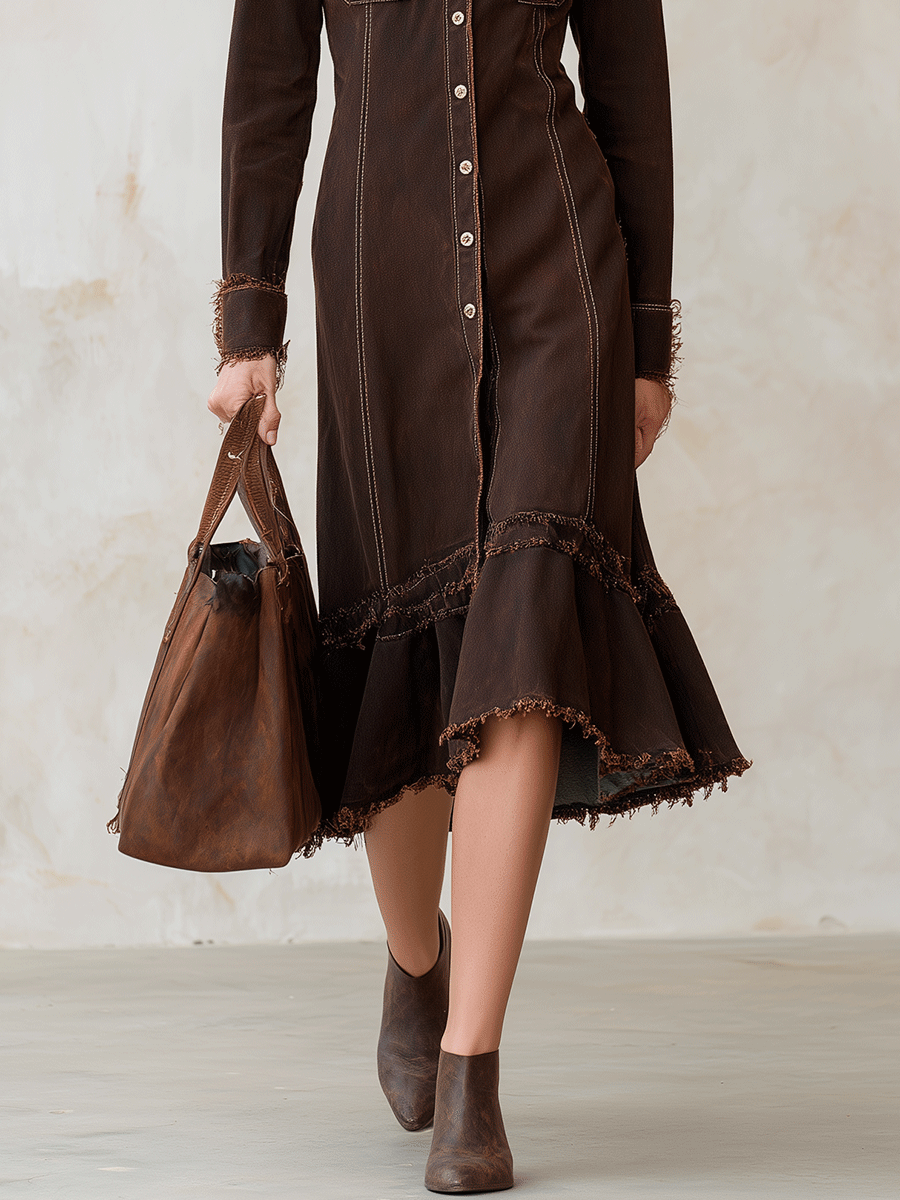 Vintage Chic Denim-Twill Frayed Brown Midi Shirt Dress