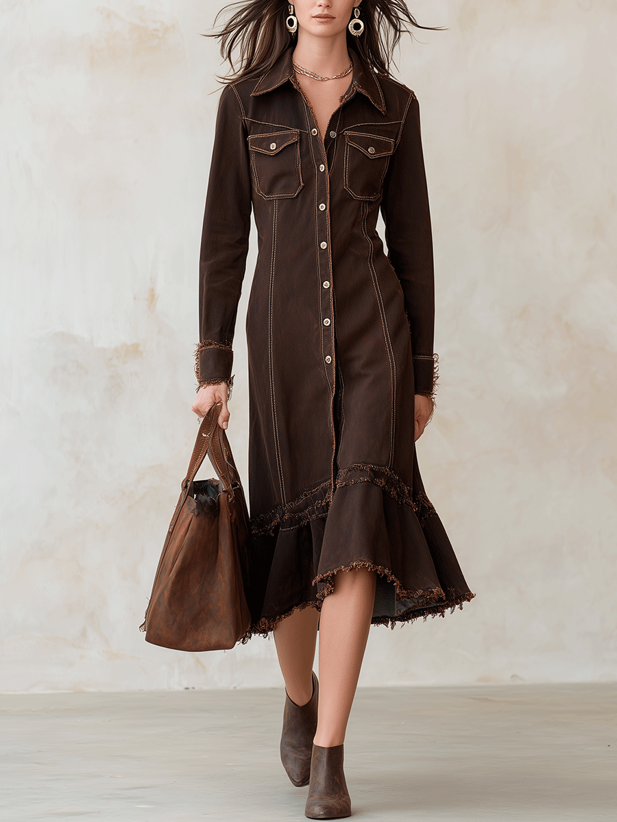 Vintage Chic Denim-Twill Frayed Brown Midi Shirt Dress
