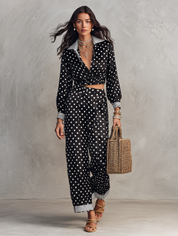 Polka Dot Print Long Sleeve Wrap Crop Top & Wide Leg Pants Two Piece Set