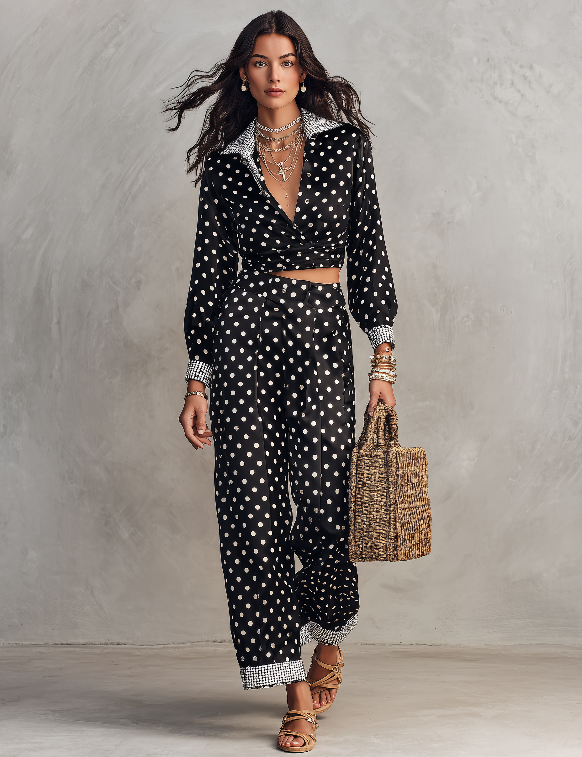 Polka Dot Print Long Sleeve Wrap Crop Top & Wide Leg Pants Two Piece Set