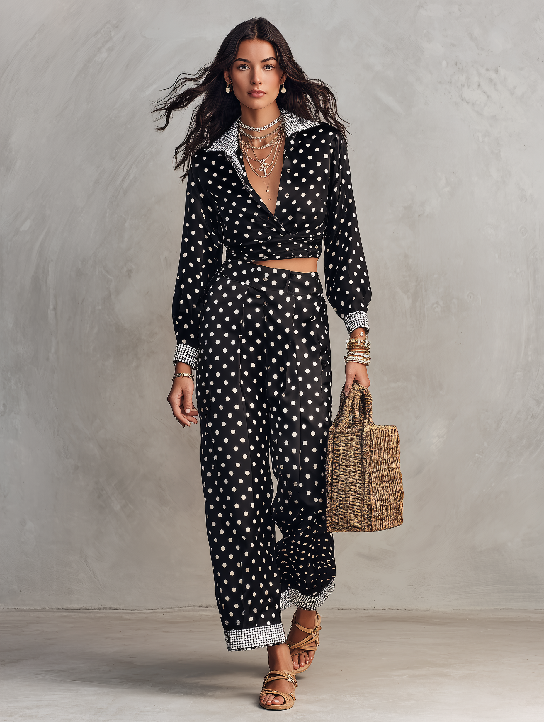 Polka Dot Print Long Sleeve Wrap Crop Top & Wide Leg Pants Two Piece Set
