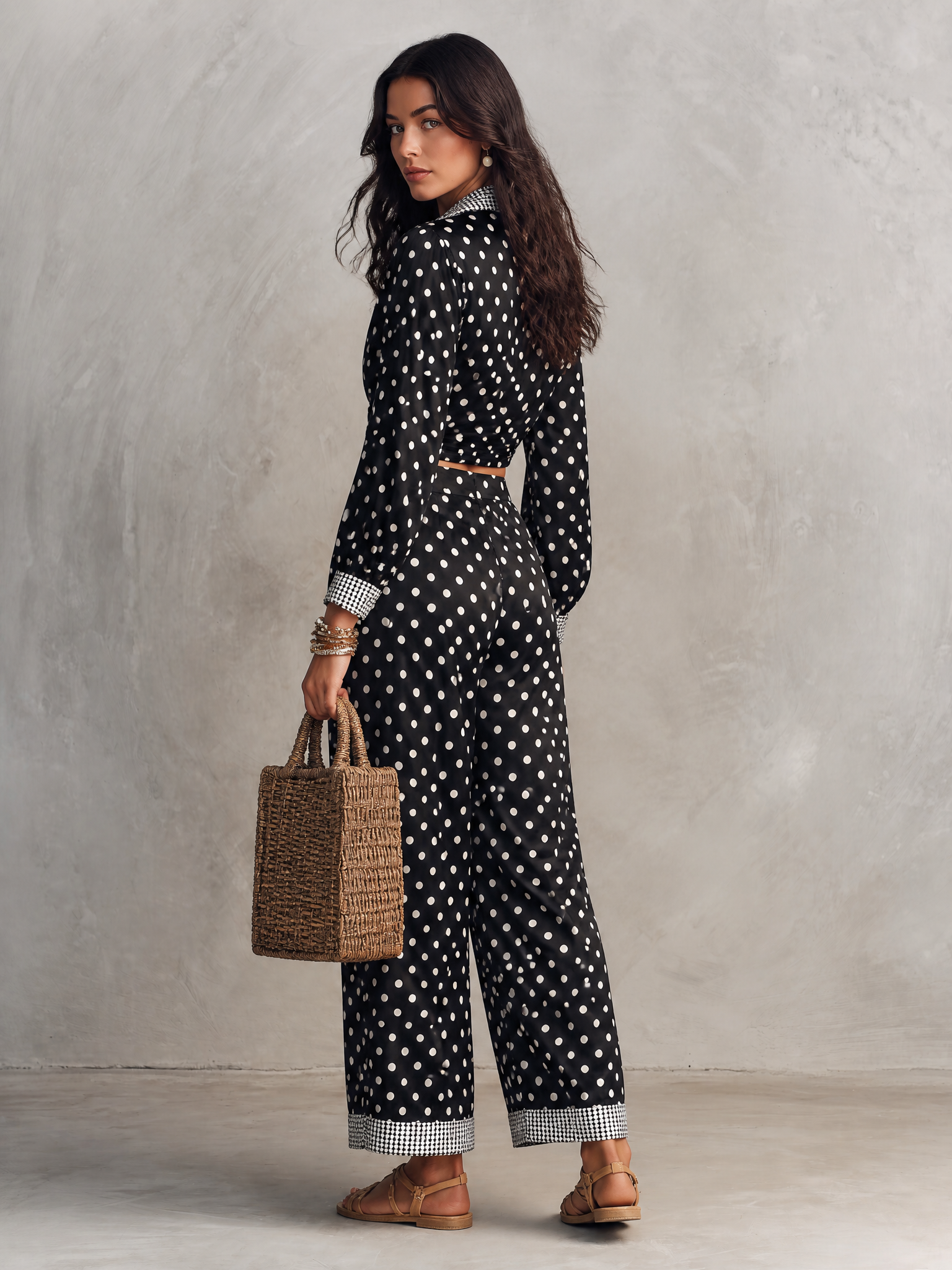 Polka Dot Print Long Sleeve Wrap Crop Top & Wide Leg Pants Two Piece Set