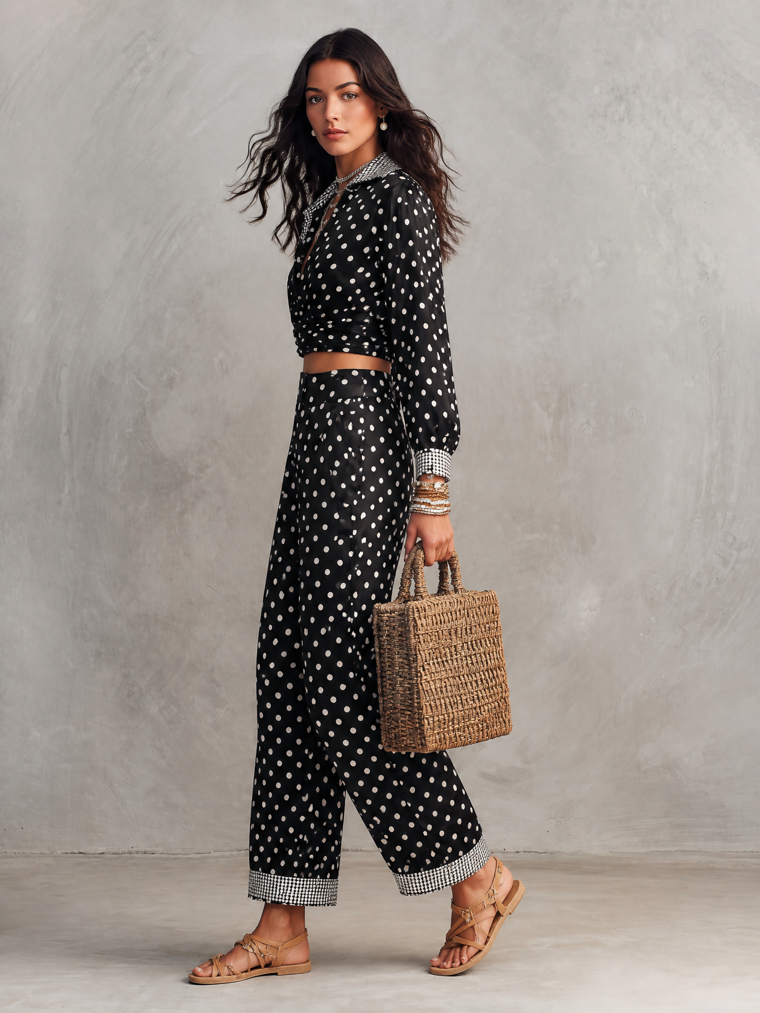 Polka Dot Print Long Sleeve Wrap Crop Top & Wide Leg Pants Two Piece Set