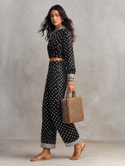 Polka Dot Print Long Sleeve Wrap Crop Top & Wide Leg Pants Two Piece Set