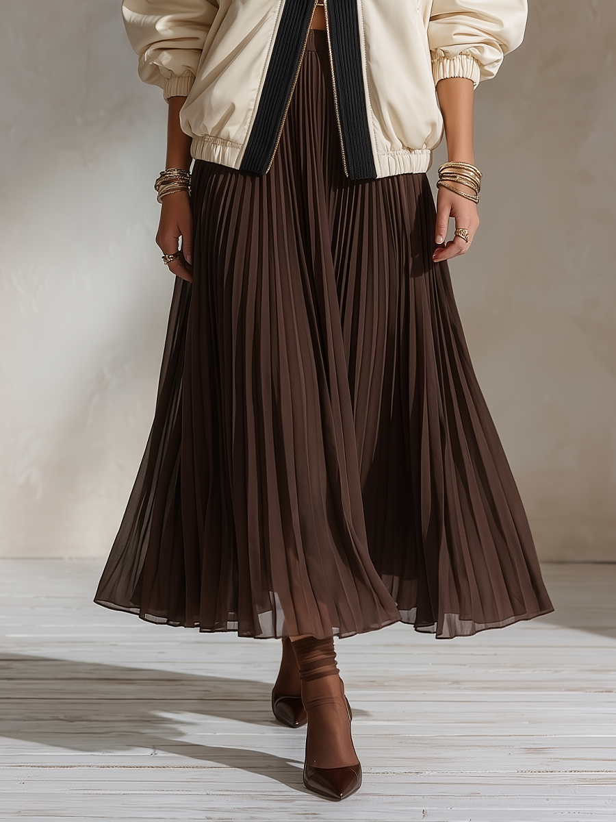 Quiet Luxe Chocolate Pleated Chiffon Maxi Skirt