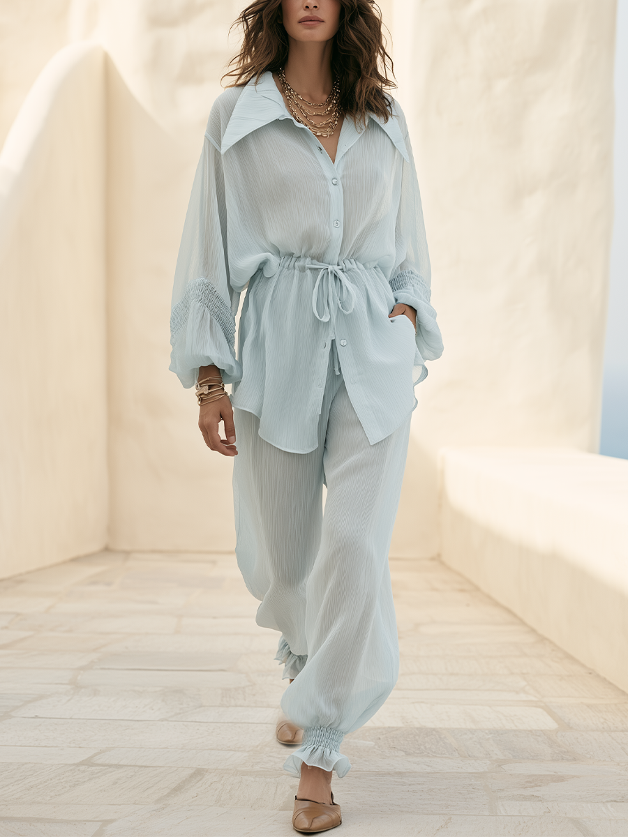 Bohemian Drawstring Waist Top And Ruffled Pants Set