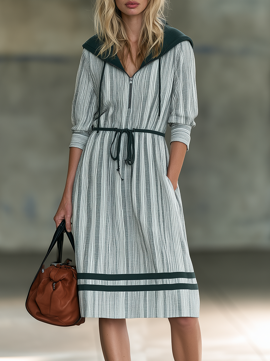 Effortless Chic Striped Hooded Shirt Midi Dress
