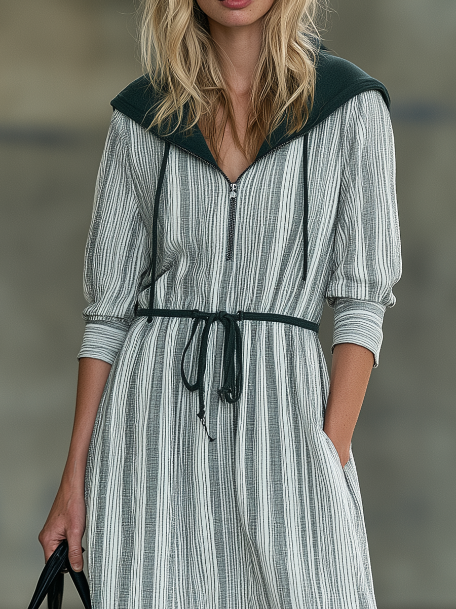 Effortless Chic Striped Hooded Shirt Midi Dress