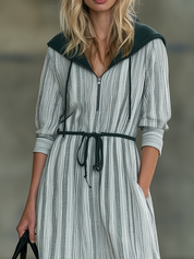 Effortless Chic Striped Hooded Shirt Midi Dress