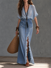 Boho Denim Lace Top & Button Front Maxi Skirt Set