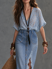 Boho Denim Lace Top & Button Front Maxi Skirt Set