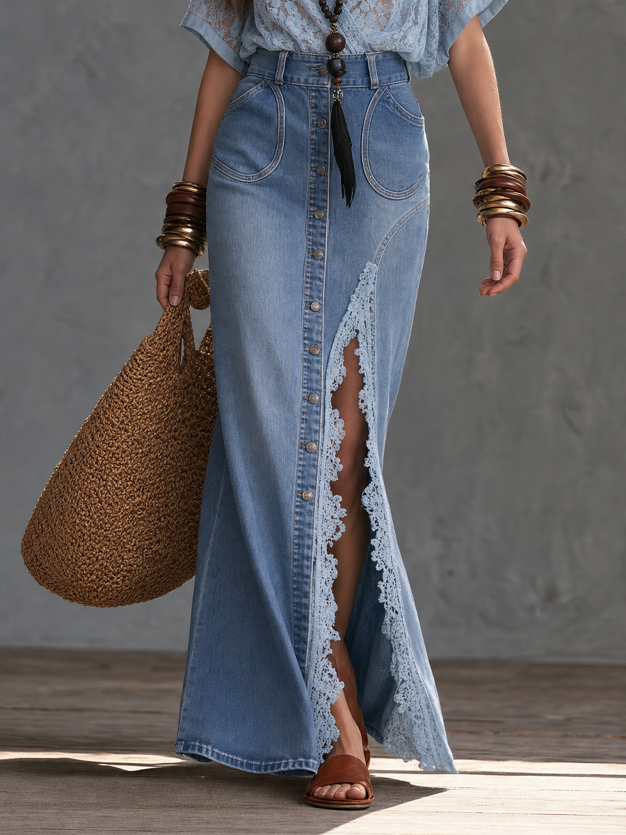 Boho Denim Lace Top & Button Front Maxi Skirt Set