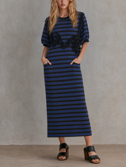 Artistic Luxe Striped Knit Floral Appliqué Midi Dress