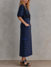 Artistic Luxe Striped Knit Floral Appliqué Midi Dress