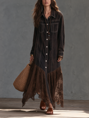 Women's Long Sleeve Denim Maxi Dress with Lace Handkerchief Hem