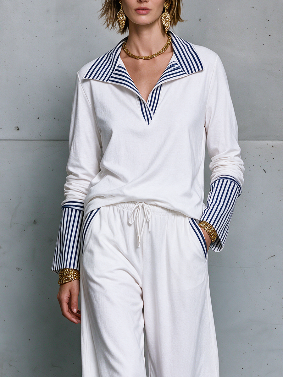 Coastal Luxe Striped Collar Top & Wide Leg Pants Set