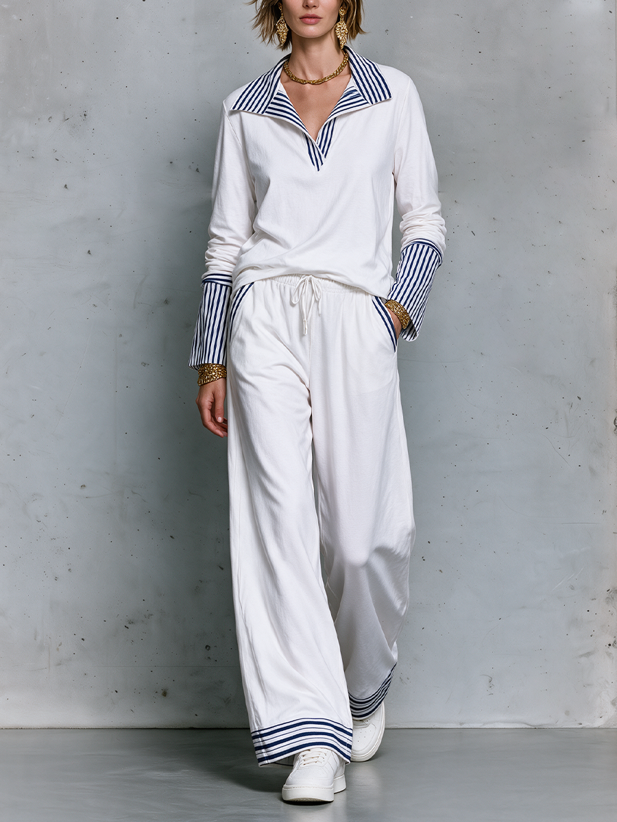 Coastal Luxe Striped Collar Top & Wide Leg Pants Set