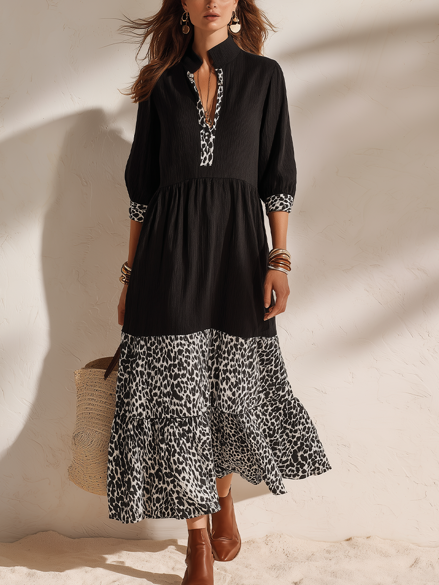 Chic Black Leopard-Panel Tiered Maxi Dress