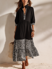 Chic Black Leopard-Panel Tiered Maxi Dress